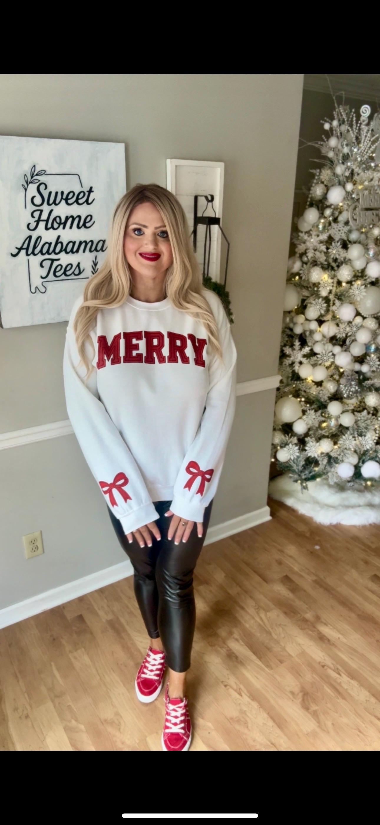 MERRY Christmas Sweatshirt – Cozy Holiday Crewneck with Red Bow Sleeves