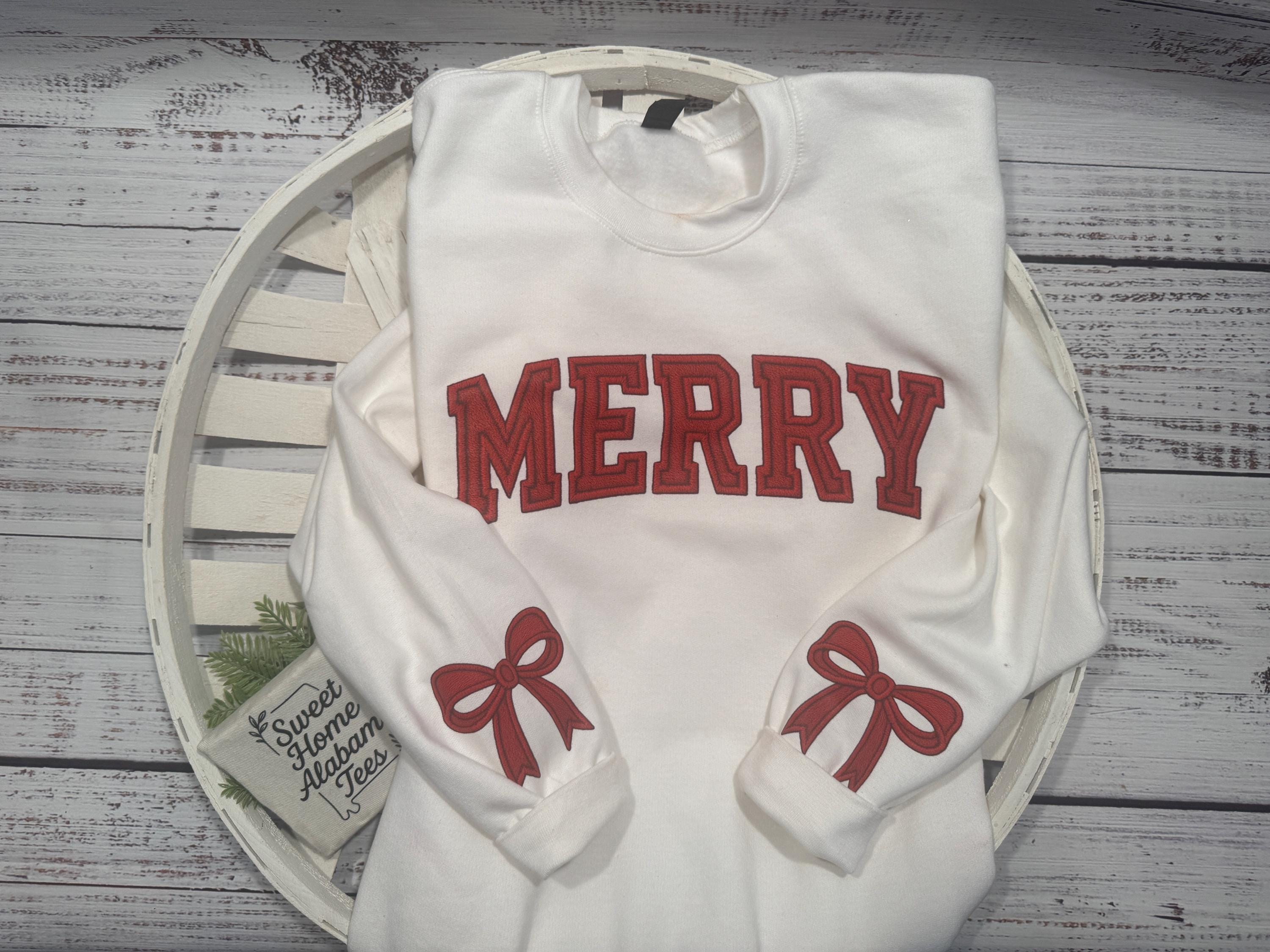 MERRY Christmas Sweatshirt – Cozy Holiday Crewneck with Red Bow Sleeves