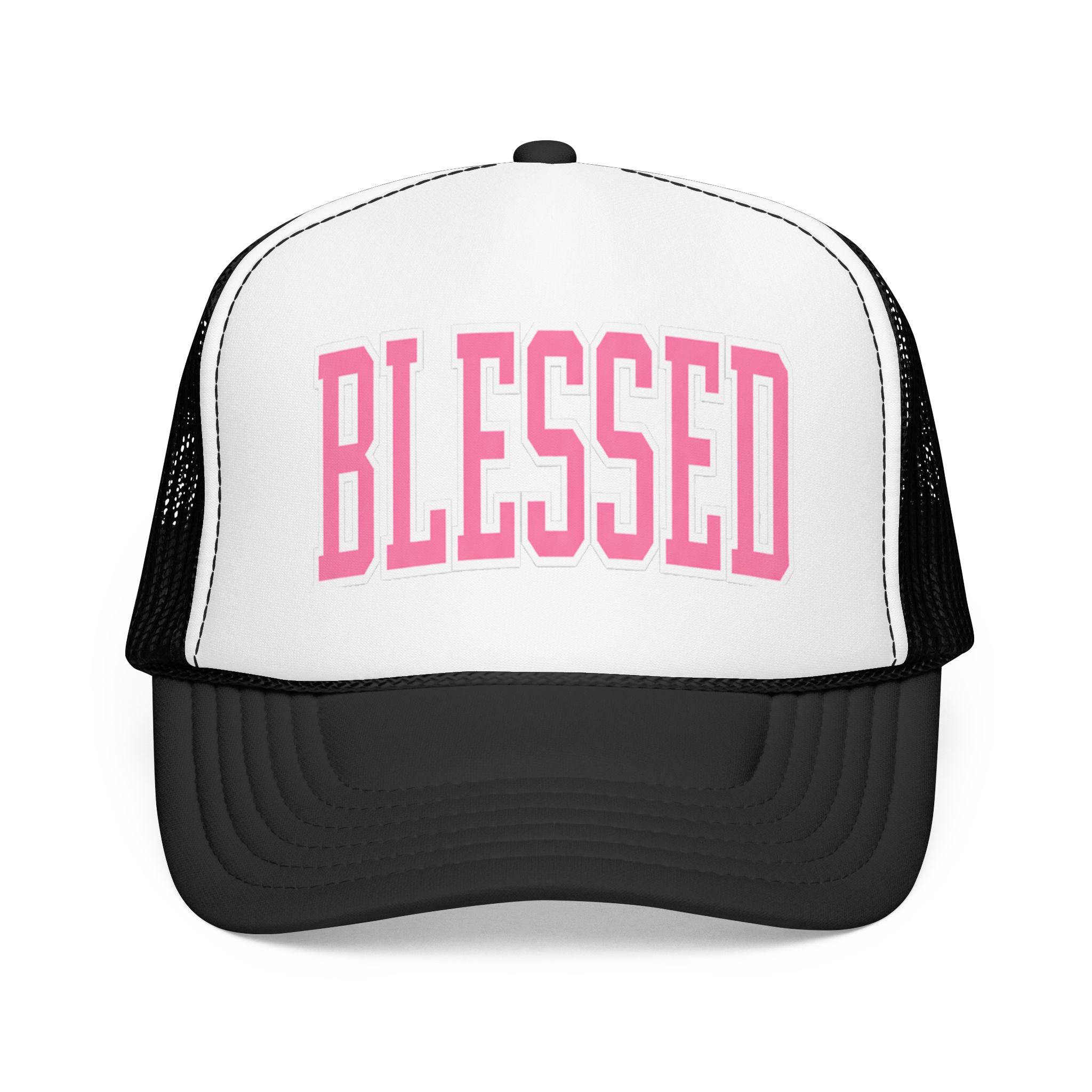 Blessed Trucker Hat – Pink & White Faith-Based Hat | Varsity Lettering Boutique Cap