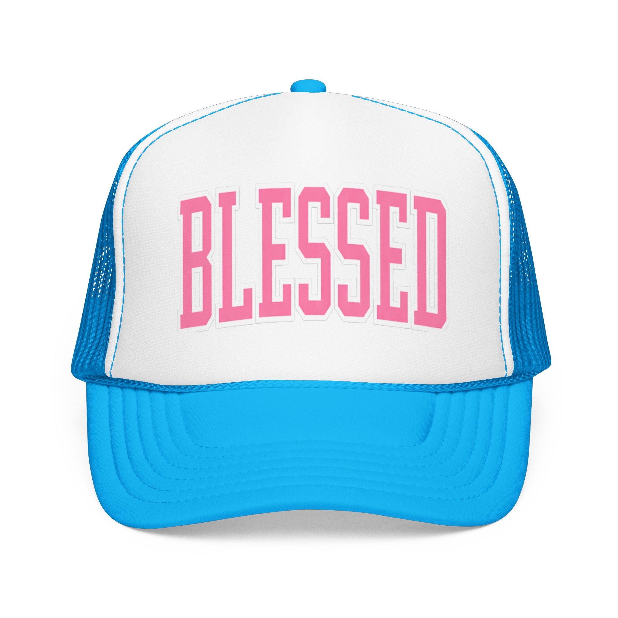 Blessed Trucker Hat – Pink & White Faith-Based Hat | Varsity Lettering Boutique Cap