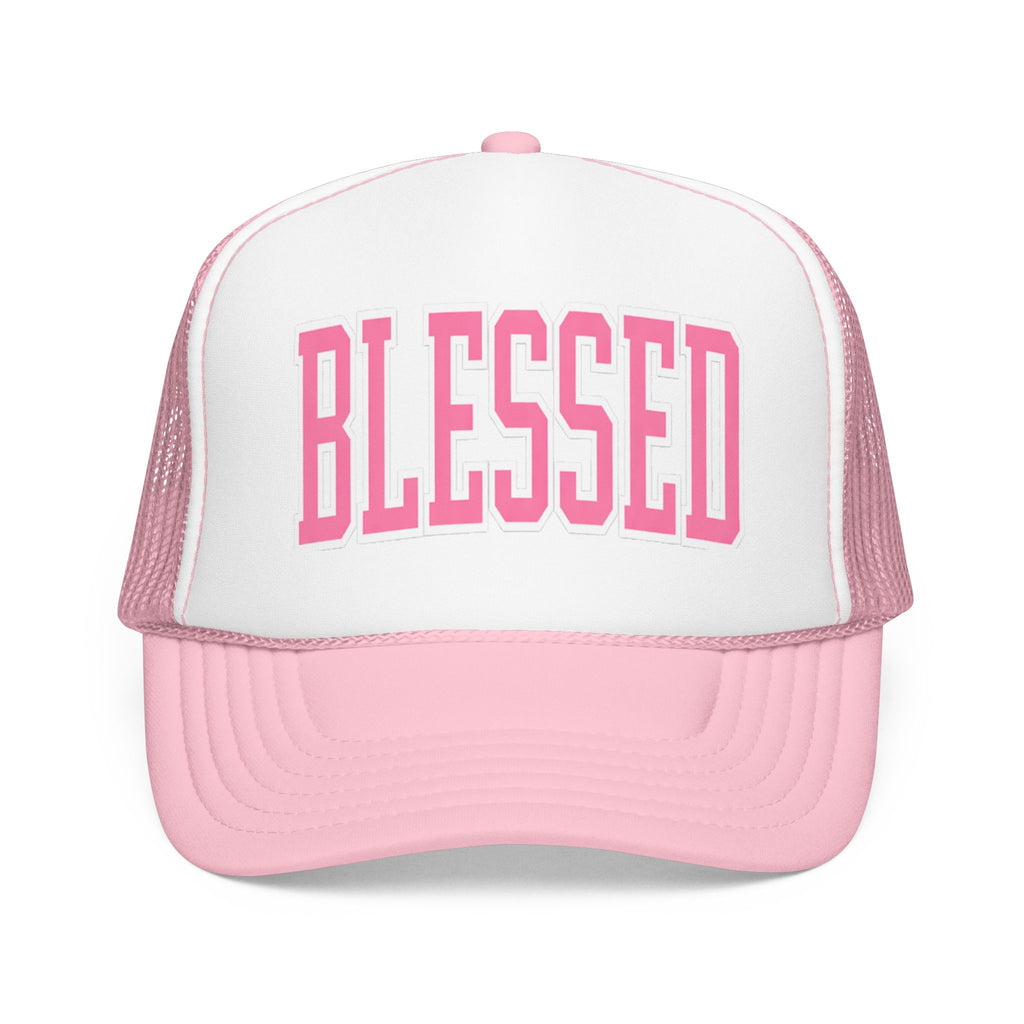 Blessed Trucker Hat – Pink & White Faith-Based Hat | Varsity Lettering Boutique Cap