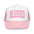 Blessed Trucker Hat – Pink & White Faith-Based Hat | Varsity Lettering Boutique Cap
