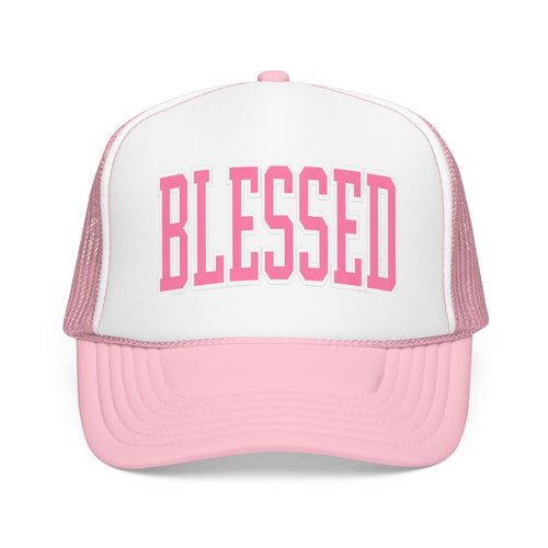 Blessed Trucker Hat – Pink & White Faith-Based Hat | Varsity Lettering Boutique Cap