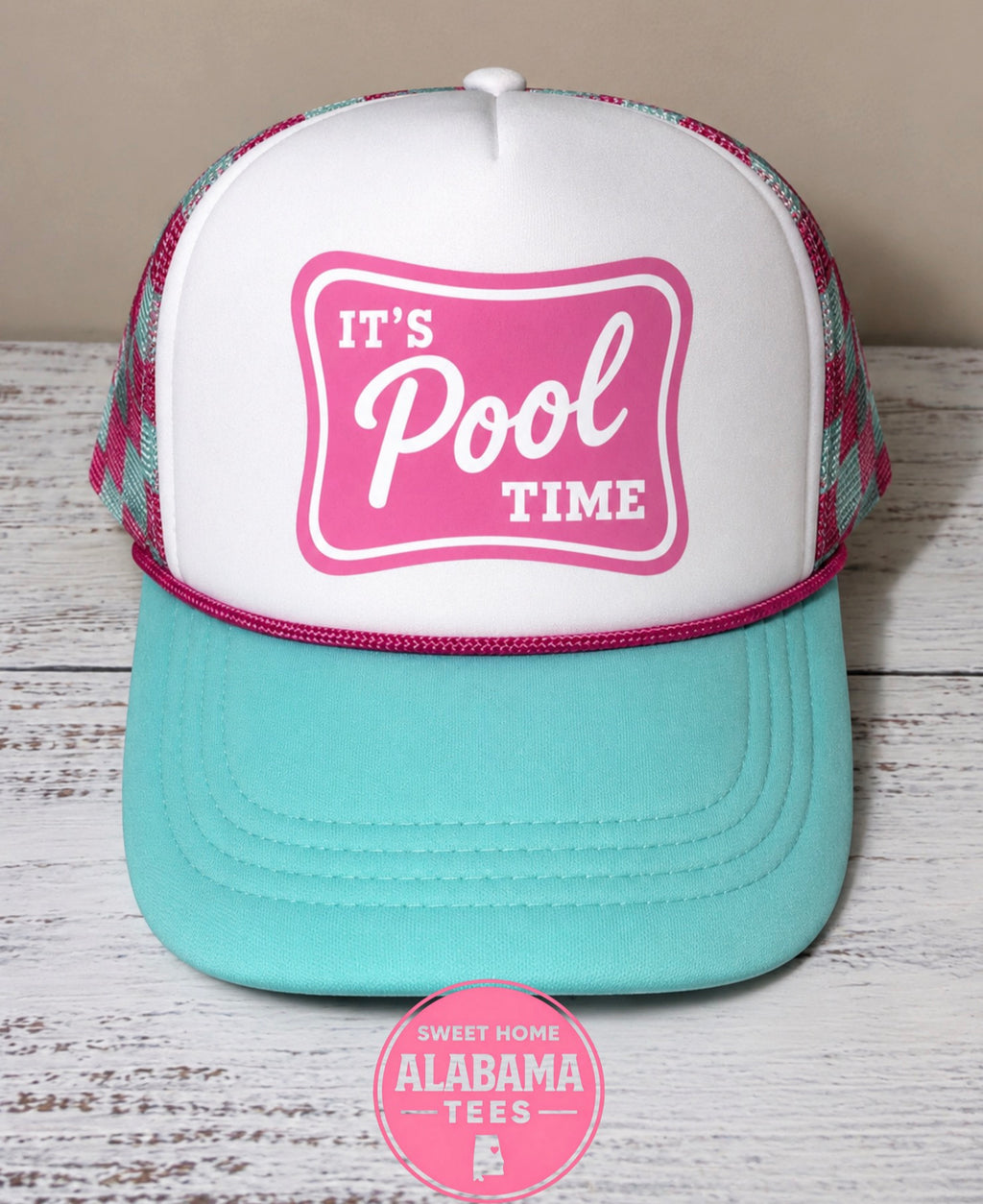 It’s Pool Time Hat – Pink & Mint Checkered