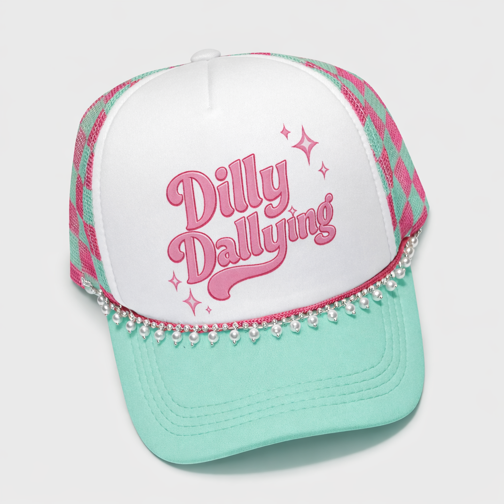 Dilly Dallying Trucker Hat – Pink & Mint Checkered