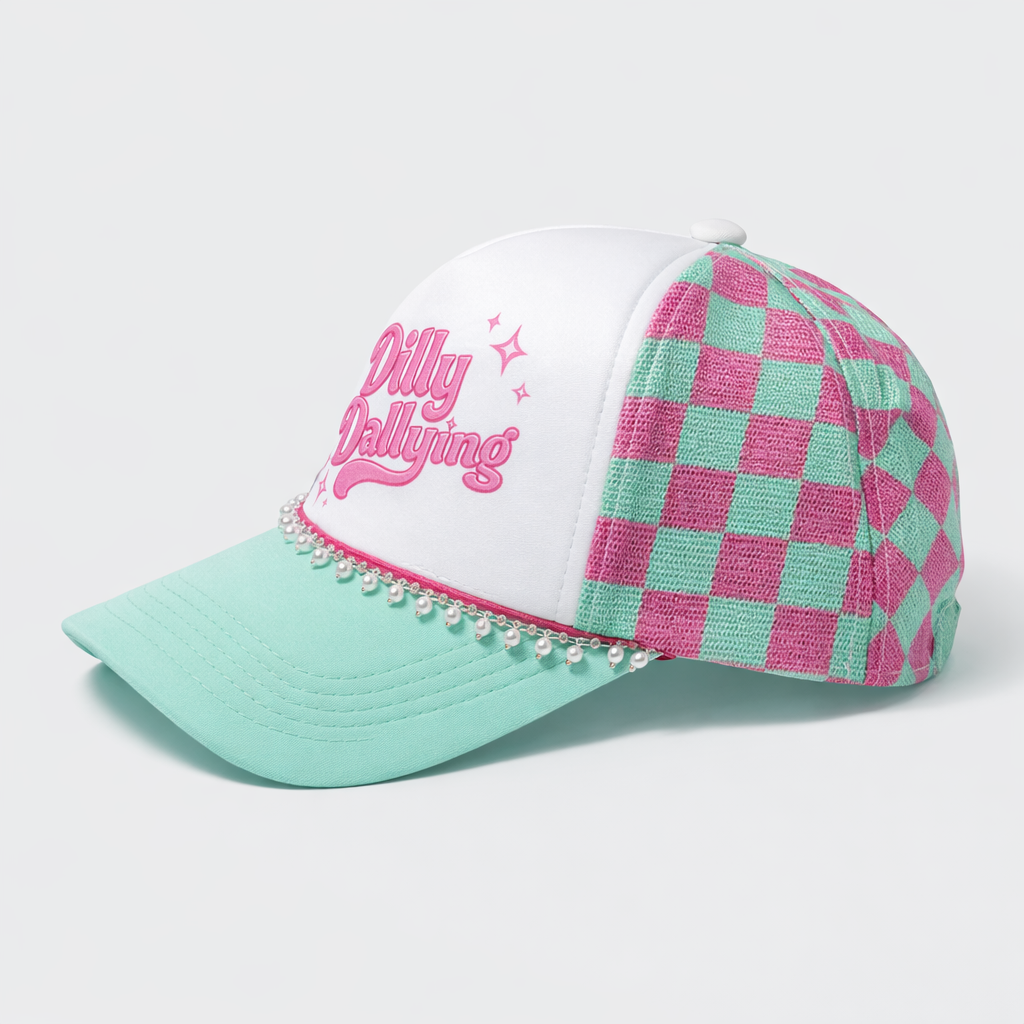 Dilly Dallying Trucker Hat – Pink & Mint Checkered