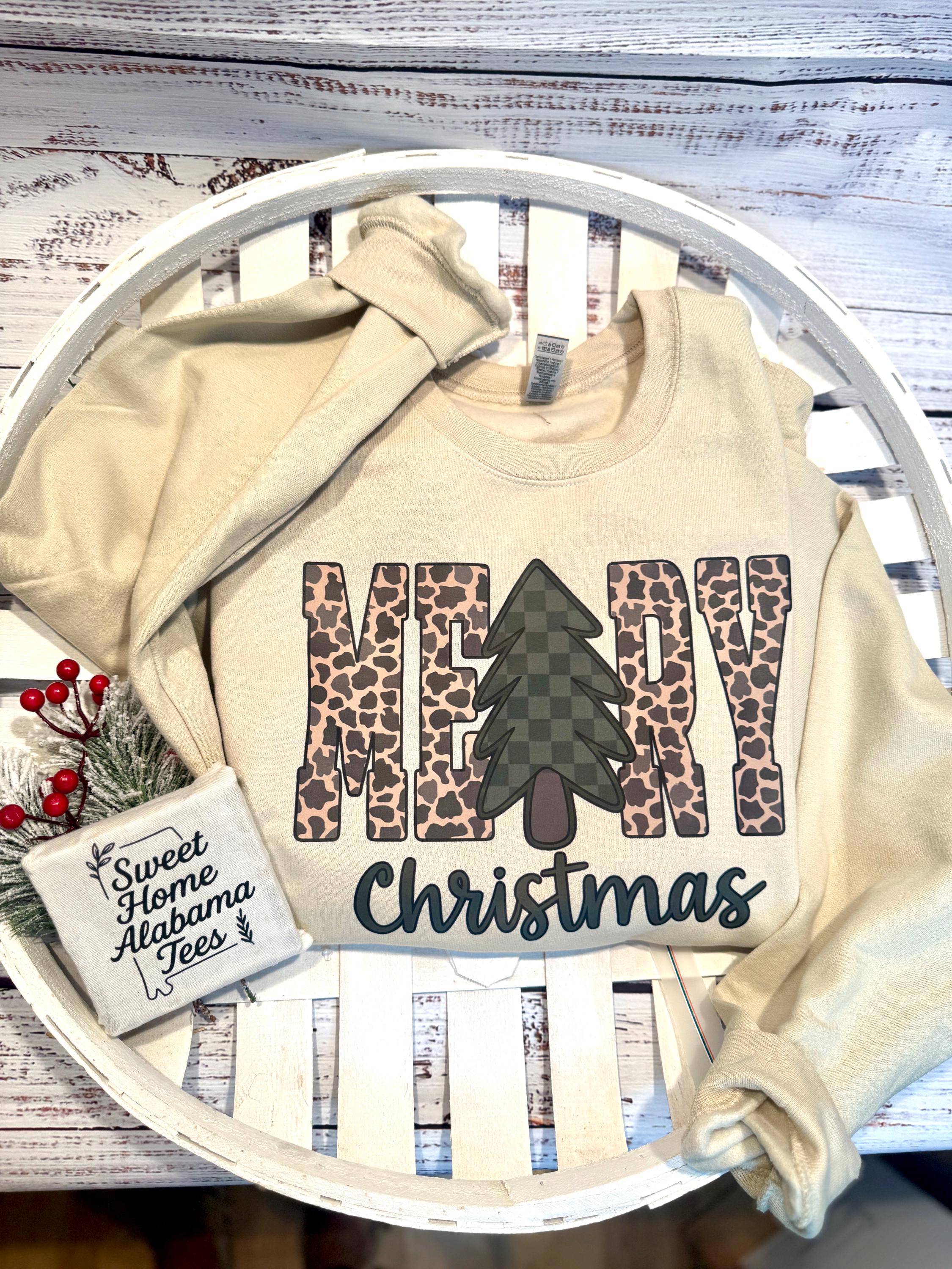 Merry Christmas Camo Tree Shirt | Neutral Christmas Tee | Western Camo Christmas Graphic Tee | Holiday Shirt for Women