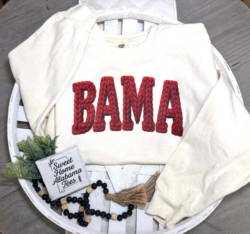 BAMA Chunky Yarn-Look Sweatshirt | Cozy Game Day Crewneck | FAUX Yarn Effect| Sweet Home Alabama Tees