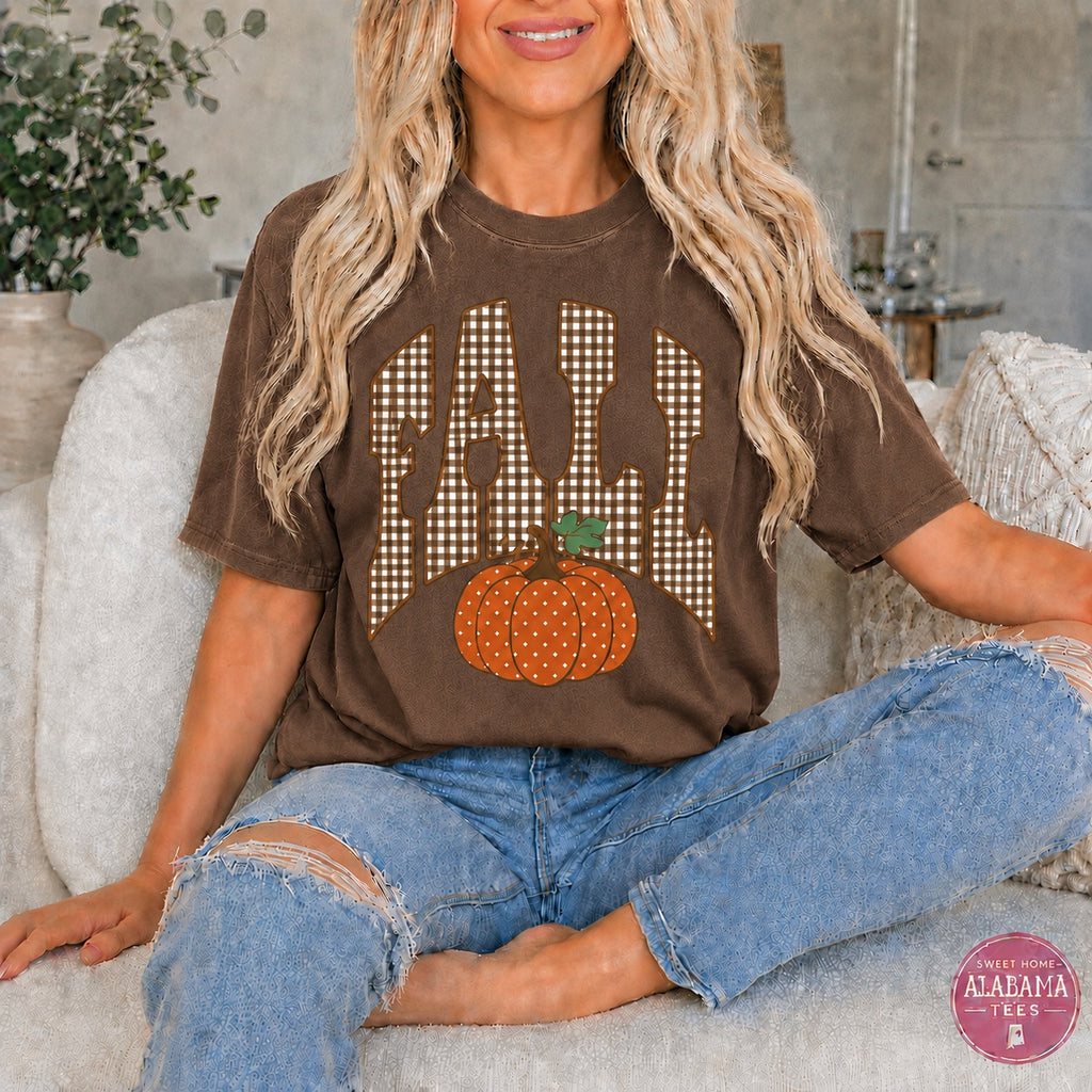 Gingham Fall Pumpkin Comfort Colors tee in Espresso
